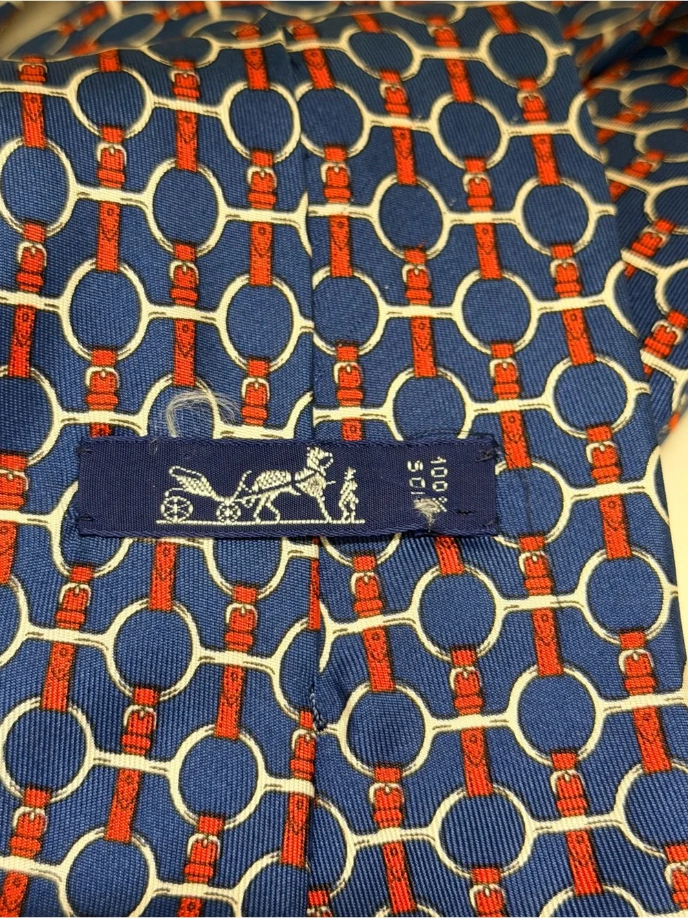 Hermes Men's Tie Honeycomb Bridle Clover Chain Navy/Red Designer 627 TA